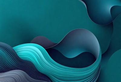 The primary subject of the image is a blue and green ocean wave. The setting is a dark blue background, which creates a contrasting and dramatic effect. The visual style is a digital art or illustration, as the wave is depicted in a detailed and artistic manner. The dominant colors are blue and green, which evoke a sense of calmness and tranquility.