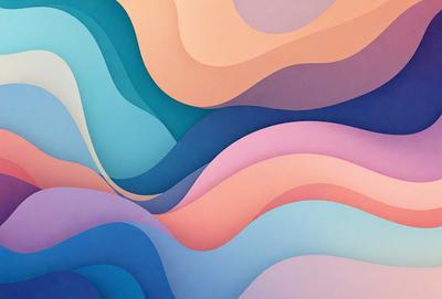 The primary subject of the image is a large, colorful painting featuring a wave-like pattern. The setting is a wall, and the visual style appears to be a combination of digital art and illustration. The dominant colors in the painting are pink, blue, and purple, creating a vibrant and lively atmosphere.