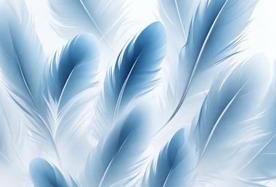 The primary subject of the image is a close-up of a white feather. The setting is a white background, which creates a clean and minimalistic visual style. The image is a digital art or illustration, showcasing the intricate details of the feather. The dominant colors are white and blue, giving the image a serene and calming atmosphere.