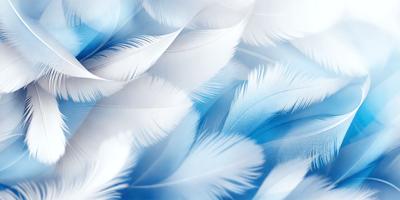 The primary subject of the image is a large group of white feathers, which are the primary focus of the image. The feathers are arranged in a visually appealing manner, creating a sense of depth and dimension. The setting is a blue background, which complements the white feathers and adds to the overall visual style. The image is a digital art piece, showcasing the artist's skill in creating a realistic and captivating representation of the feathers. The colors and mood of the image are predominantly