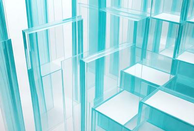 The primary subject of the image is a large stack of clear glass blocks, which are blue in color. The setting is a white background, and the visual style is a photo. The dominant colors are blue and white, creating a clean and modern atmosphere.