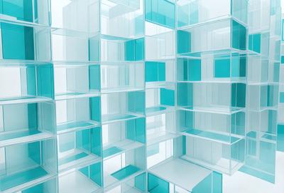 The primary subject of the image is a large, three-dimensional display of blue and white glass blocks. The setting is a white background, which provides a clean and minimalist appearance. The visual style is a combination of digital art and illustration, as the glass blocks are depicted in a three-dimensional manner. The dominant colors are blue and white, creating a calm and soothing atmosphere.