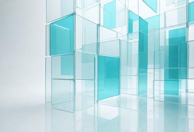 The primary subject of the image is a large, blue glass wall. The setting is a white room, and the visual style is a modern, minimalist design. The dominant colors are blue and white, creating a clean and calming atmosphere.