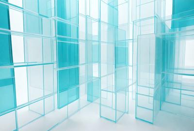 The primary subject of the image is a large, blue glass wall. The setting is a white room with a blue glass wall, which creates a striking contrast. The visual style is a combination of digital art and illustration, as the glass wall appears to be a digital artwork or illustration. The dominant colors are blue and white, creating a calm and serene atmosphere.