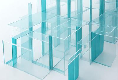 The primary subject of the image is a large, three-dimensional display of glass blocks. The setting is a white background, which provides a clean and minimalist appearance. The visual style is a combination of photo and digital art, creating a unique and intricate design. The dominant colors are blue and white, giving the display a modern and sophisticated look. The overall atmosphere is one of elegance and creativity, showcasing the beauty of the glass blocks and their arrangement.
