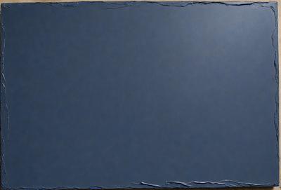 The primary subject of the image is a large, blue canvas. The setting is a room with a blue wall, and the visual style is a painting or drawing. The colors and mood of the image are predominantly blue, creating a calm and serene atmosphere.
