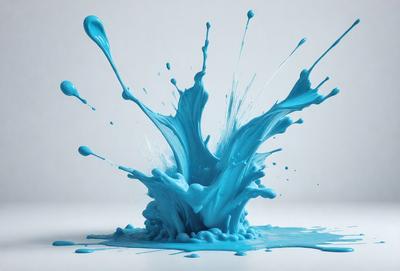 The primary subject of the image is a blue, swirling, and splashing liquid, which appears to be a blue paint or a blue substance. The setting is a white background, which provides a clean and uncluttered environment for the blue liquid. The visual style of the image is a close-up, which emphasizes the details and texture of the blue substance. The colors and mood of the image are predominantly blue, creating a sense of calmness and tranquility.