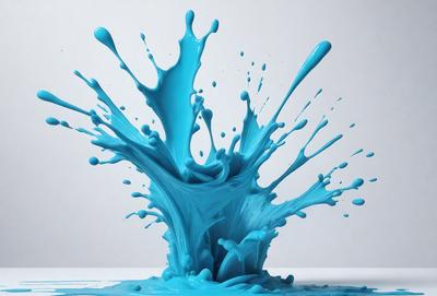 The primary subject of the image is a blue liquid, possibly a paint or a dye, splashing and spreading across a white surface. The setting appears to be a studio or a workspace, as the liquid is being intentionally spilled or poured onto the white background. The visual style of the image is a combination of photo and digital art, as it captures the motion and flow of the blue liquid. The colors and mood of the image are predominantly blue, creating a sense of calmness and tranqu