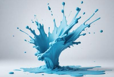 The primary subject of the image is a blue liquid, possibly a paint or a dye, splashing and spreading across a white surface. The setting appears to be a studio or a workspace, as the liquid is being intentionally created and displayed. The visual style of the image is a combination of a photo and digital art, as it captures the motion and flow of the blue liquid while maintaining a clean and organized appearance. The colors and mood of the image are predominantly blue, creating a sense of calmness