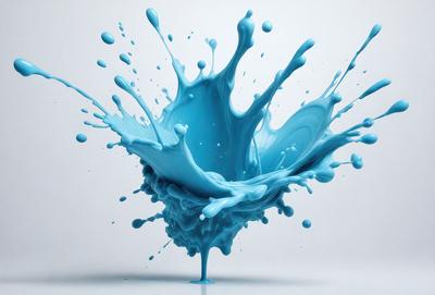 The primary subject of the image is a blue liquid, possibly a paint or a dye, that is splashing and spraying onto a white surface. The setting appears to be a studio or a workspace, as the liquid is being intentionally sprayed onto the white background. The visual style of the image is a combination of photo and digital art, as it captures the motion and texture of the blue liquid. The dominant colors in the image are blue and white, creating a sense of motion and energy.