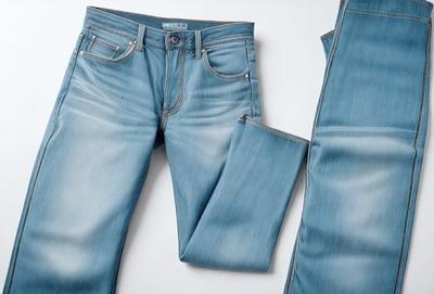 The primary subject of the image is a pair of blue jeans. The jeans are displayed on a white background, showcasing their color and texture. The visual style of the image is a close-up of the jeans, highlighting their details. The colors and mood of the image are predominantly blue, giving the scene a calm and relaxed atmosphere.