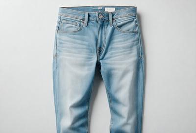 The primary subject of the image is a pair of blue jeans. The setting is a white wall, and the visual style is a photo. The jeans are the main focus of the image, and the overall atmosphere is casual and relaxed.