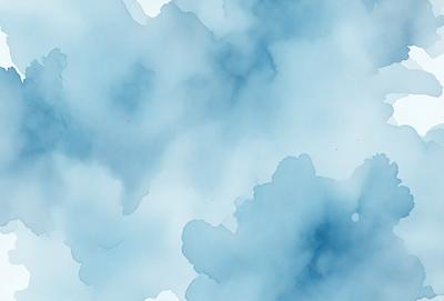 The primary subject of the image is a cloudy blue sky. The setting is a cloudy sky with a few white clouds scattered throughout. The visual style is a watercolor painting, giving the scene a soft and dreamy atmosphere. The dominant colors are blue and white, with the blue sky providing a calm and serene mood.