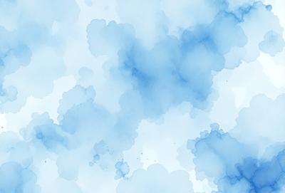 The primary subject of the image is a blue cloudy sky. The setting is a cloudy blue sky with a few white clouds. The visual style is a watercolor painting, giving the scene a soft and dreamy appearance. The dominant colors are blue and white, creating a serene and calming atmosphere.