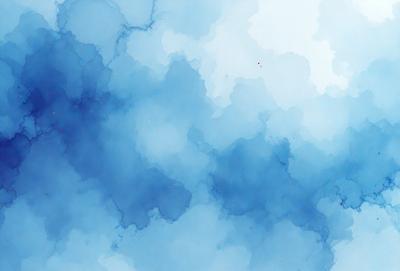 The primary subject of the image is a blue cloudy sky with white clouds. The setting is a blue background, and the visual style is a watercolor painting. The dominant colors are blue and white, creating a calm and serene atmosphere.