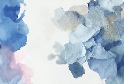 The primary subject of the image is a blue flower, which is the main focus of the scene. The setting is a white background, which provides a clean and minimalist appearance. The visual style is a combination of digital art and illustration, creating a unique and artistic representation of the flower. The dominant colors are blue and white, giving the image a calm and serene atmosphere.