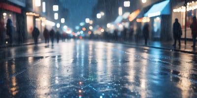 Primary subject: Rainy city street at night
Setting/background: A city street with a crowd of people walking in the rain
Visual style: A photo of a rainy city street at night
Colors and mood: The image is in black and white, giving it a moody and atmospheric feel.