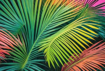 The image features a close-up of a palm tree with a vibrant, colorful pattern. The tree has a mix of green, yellow, and orange colors, creating a lively and tropical atmosphere. The palm tree is the primary subject of the image, and it is set against a backdrop of a forest, further emphasizing its natural surroundings. The visual style of the image is a combination of photo and digital art, giving it a unique and artistic appearance.