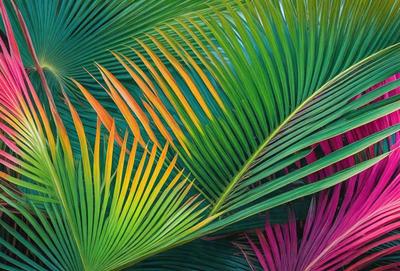 The primary subject of the image is a close-up of a colorful palm tree with a mix of green, orange, and yellow colors. The setting is a tropical environment, with the palm tree being the main focus of the scene. The visual style is a combination of a photo and digital art, creating a vibrant and lively atmosphere. The dominant colors and overall mood of the image are cheerful, lively, and tropical.
