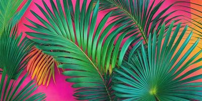 The image features a close-up of a large green palm tree with its leaves. The tree is situated against a pink background, creating a striking contrast between the green leaves and the vibrant pink wall. The visual style of the image is a combination of a photo and a digital art, giving it a unique and artistic appearance. The dominant colors in the image are green and pink, creating a lively and vibrant atmosphere.