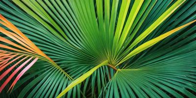 The image features a close-up of a palm tree with a green and yellow color scheme. The tree has a large, curved frond that is the primary subject of the image. The setting is a lush green environment, with the tree being the main focus of the scene. The visual style is a natural, realistic representation of the palm tree, and the colors and mood convey a sense of warmth and tranquility.