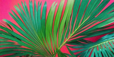 The image features a close-up of a large green palm leaf, with a red background. The leaf is the primary subject, and it appears to be a natural, real-life photograph. The setting is a simple red wall, which provides a clean and uncluttered backdrop for the leaf. The visual style is a close-up of the palm leaf, emphasizing its texture and details. The colors in the image are predominantly green and red, creating a vibrant and lively atmosphere.
