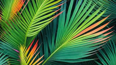 The primary subject of the image is a close-up of a green palm leaf with red accents. The leaf is prominently displayed in the foreground, with a background of more green palm leaves. The visual style of the image is a close-up, which emphasizes the details of the leaf. The colors in the image are predominantly green and red, creating a vibrant and lively atmosphere.
