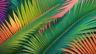 The image features a close-up of a palm tree with a vibrant green and yellow color scheme. The tree is surrounded by a pink background, creating a visually striking contrast. The palm tree appears to be a part of a larger plant, with its leaves spreading across the frame. The overall atmosphere of the image is lively and tropical, with the vivid colors and the presence of the palm tree.