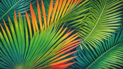 The primary subject of the image is a close-up of a palm tree with vibrant colors, including orange and yellow. The setting is a lush green environment, possibly a tropical or jungle-like area. The visual style is a combination of a photo and a digital art or illustration, creating a unique and eye-catching image. The dominant colors and overall atmosphere are bright, warm, and inviting, reflecting the beauty and energy of the palm tree.