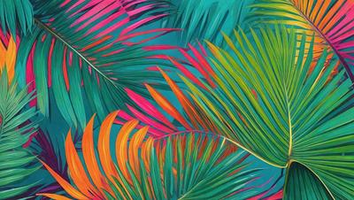 The image features a vibrant and colorful palm tree with a mix of pink, orange, yellow, and green hues. The tree is prominently displayed in the foreground, with its leaves and branches filling the majority of the frame. The scene is set against a blue background, which adds to the overall lively and tropical atmosphere of the image. The visual style appears to be a combination of a photo and a digital art or illustration, creating a unique and eye-catching representation of the palm tree.