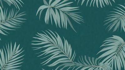 The primary subject of the image is a close-up of a palm tree. The setting is a blue background, which creates a contrast with the green leaves of the palm tree. The visual style is a digital art or illustration, as the palm tree is depicted in a detailed and realistic manner. The colors and mood of the image are predominantly green and blue, giving it a calm and serene atmosphere.