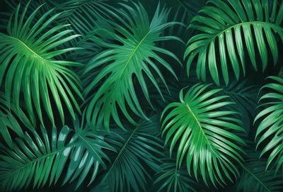 The image features a lush green forest filled with large palm trees. The trees are tall and have a dense foliage, creating a serene and natural atmosphere. The primary subject of the image is the palm trees, which are the main focus of the scene. The setting is a forest, and the visual style is a natural, realistic representation of the environment. The colors and mood of the image are predominantly green, which is associated with nature and tranquility.