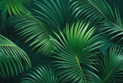 The image features a lush green forest with a dense canopy of palm trees. The primary subject is the palm trees, which are the main focus of the image. The setting is a tropical environment, with the trees providing a natural backdrop. The visual style is a close-up of the palm trees, showcasing their intricate details. The colors and mood of the image are predominantly green, creating a serene and peaceful atmosphere.