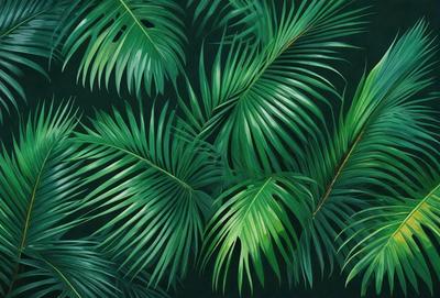 The primary subject of the image is a close-up of a green palm tree. The setting is a dark background, which contrasts with the bright green color of the palm tree. The visual style is a digital art or illustration, as the palm tree is depicted in a detailed and realistic manner. The colors and mood of the image are predominantly green, creating a serene and natural atmosphere.