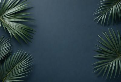 The primary subject of the image is a large blue wall with a few green palm leaves hanging on it. The setting is a room with a blue background, and the visual style appears to be a photo. The dominant colors are blue and green, creating a calm and serene atmosphere.