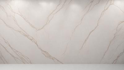 The primary subject of the image is a marble wall with a pattern of intertwining lines. The setting is a room with a white floor, and the visual style appears to be a photo of the marble wall. The colors and mood of the image are predominantly white, giving it a clean and elegant appearance.