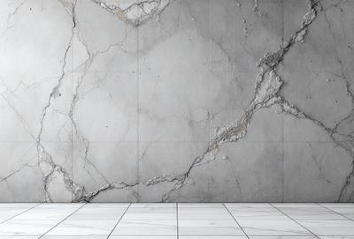 The primary subject of the image is a large, grey stone wall with a marble texture. The setting is a room with a white tile floor, and the visual style is a photo. The colors and mood of the image are predominantly grey and neutral, giving it a calm and serene atmosphere.