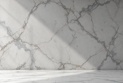 The primary subject of the image is a marble wall with a pattern of holes in it. The setting is a room with a white floor, and the visual style is a photo. The dominant colors are white and grey, creating a clean and minimalist atmosphere.