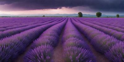 The primary subject of the image is a field of purple flowers, which are lavender in color. The setting is a large, open field with a mountainous background. The visual style of the image is a photo, capturing the beauty of the lavender flowers in their natural environment. The colors and mood of the image are serene and calming, with the purple flowers creating a peaceful and picturesque scene.