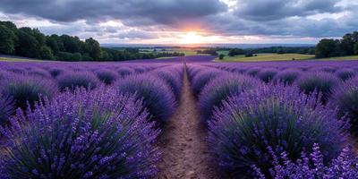 The primary subject of the image is a field of purple flowers, with a path running through the middle of the field. The setting is a large, open field with a cloudy sky in the background. The visual style is a photo, capturing the beauty of the purple flowers and the path. The colors and mood of the image are predominantly purple, creating a serene and peaceful atmosphere.