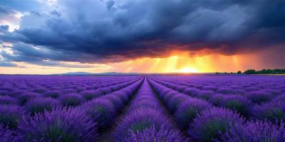 The primary subject of the image is a field of purple flowers, which are arranged in a long row. The setting is a sunset, with the sun peeking through the clouds, casting a warm glow over the field. The visual style is a photo, capturing the beauty of the flowers and the serene atmosphere of the sunset. The dominant colors are purple and orange, creating a calming and peaceful mood.