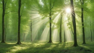 The primary subject of the image is a forest filled with trees. The setting is a lush green forest with sunlight shining through the trees, creating a serene and peaceful atmosphere. The visual style is a photo of the forest, capturing the beauty of the natural environment. The colors and mood are predominantly green, with the sunlight adding a warm and inviting touch to the scene.