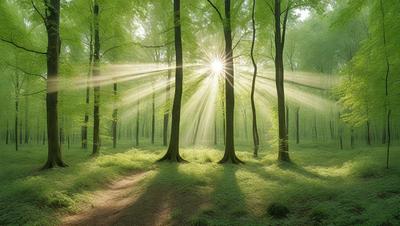 The primary subject of the image is a forest filled with trees. The setting is a lush green forest with sunlight shining through the trees, creating a serene and peaceful atmosphere. The visual style is a photo of the forest, capturing the beauty of the natural environment. The colors and mood are predominantly green, with the sunlight adding a warm and inviting touch to the scene.