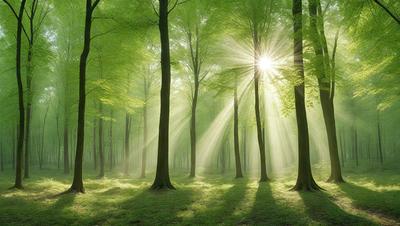 The primary subject of the image is a forest filled with trees. The setting is a lush green forest with sunlight shining through the trees, creating a serene and peaceful atmosphere. The visual style is a natural, outdoor scene, with the trees and sunlight as the main focus. The colors and mood are predominantly green, with the sunlight adding a warm and inviting touch to the environment.