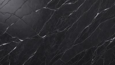 The primary subject of the image is a black marble countertop. The setting is a kitchen, with the countertop being the main focus of the scene. The visual style is a close-up of the marble countertop, showcasing its texture and pattern. The colors and mood of the image are predominantly black, giving it a sleek and modern appearance.