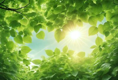 The primary subject of the image is a bright sunlight shining through a dense forest of green leaves. The setting is a lush, green environment with a variety of leaves and branches. The visual style is a combination of a photo and digital art, creating a vibrant and natural atmosphere. The colors and mood are predominantly green, with the sunlight adding a warm and inviting touch to the scene.