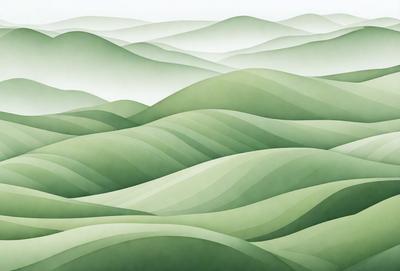 The primary subject of the image is a large, lush green hillside with a mountainous landscape. The setting is a beautiful, natural environment with a backdrop of mountains. The visual style of the image is a combination of digital art and illustration, creating a vibrant and detailed scene. The dominant colors in the image are green, which is prevalent in the hillside and mountains, and blue, which can be seen in the sky. The overall atmosphere of the image is serene and peaceful, showcasing the