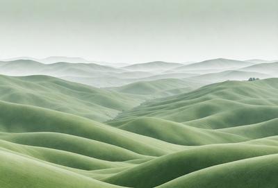 The primary subject of the image is a large, lush green field with rolling hills and mountains in the background. The setting is a vast, open landscape with a serene atmosphere. The visual style is a realistic, natural representation of the environment. The colors and mood are predominantly green, with a sense of tranquility and beauty.