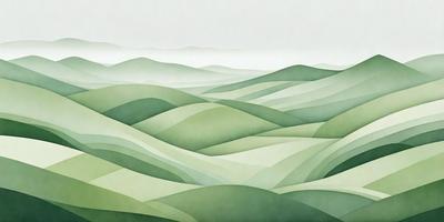 The primary subject of the image is a large, lush green hillside with a mountainous landscape. The setting is a vast, open field with a mountain range in the background. The visual style is a painting or drawing, showcasing the artist's skill in capturing the beauty of the landscape. The colors and mood are serene and peaceful, with the green hues of the hillside and the mountain range creating a sense of tranquility and harmony with nature.
