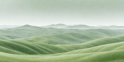 The primary subject of the image is a lush green hillside with a mountainous landscape in the background. The setting is a vast, open field with a serene atmosphere. The visual style is a photo, capturing the natural beauty of the landscape. The colors and mood are predominantly green, with a sense of tranquility and harmony with nature.